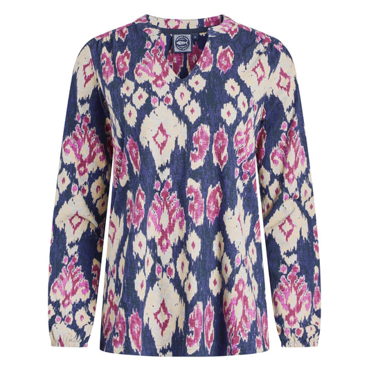 Weird Fish womens long-sleeve Brooke top in Petrol Blue with an abstract purple pink pattern on a white background