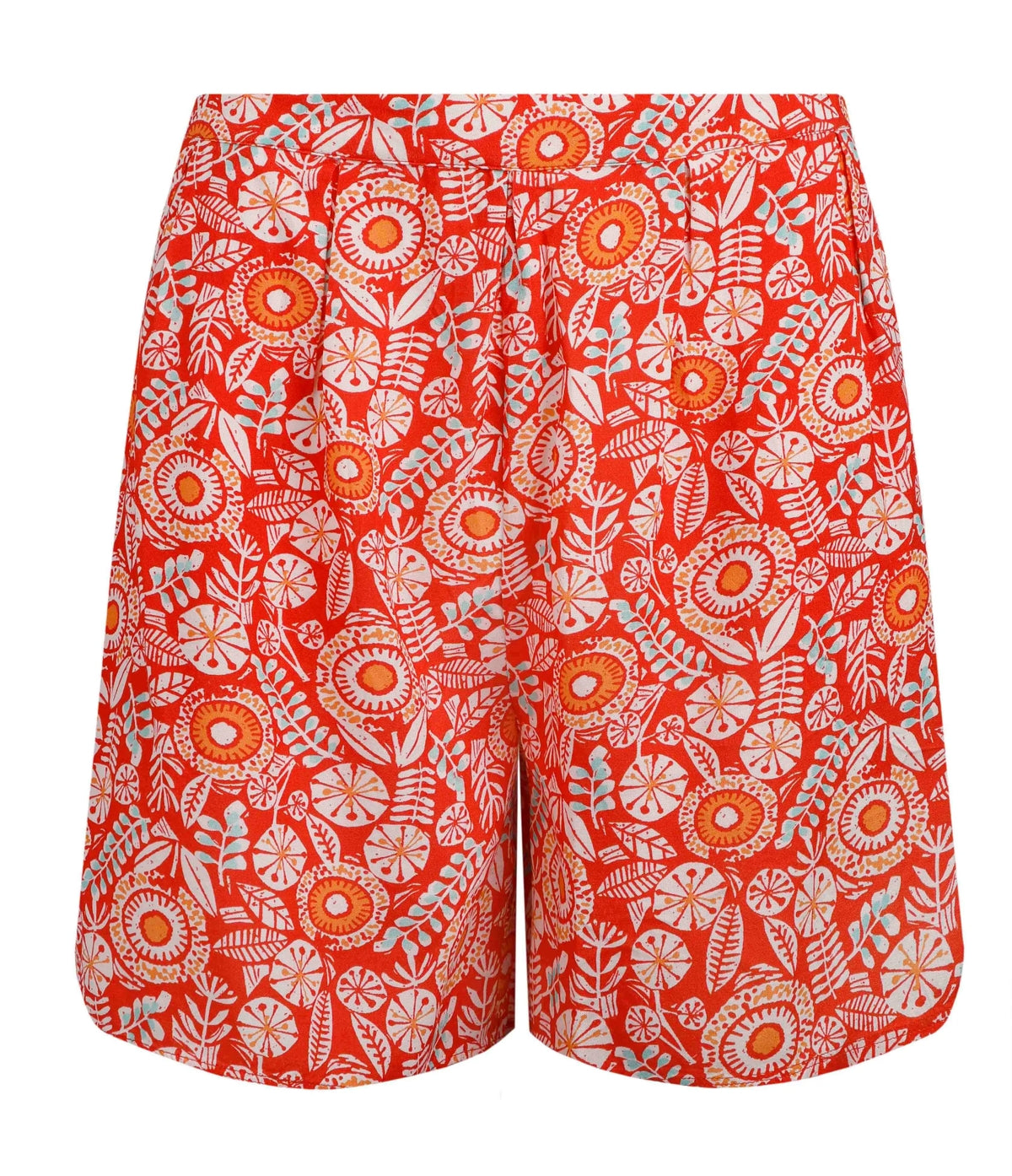 Weird Fish womens red floral shorts with vibrant orange and white flower print