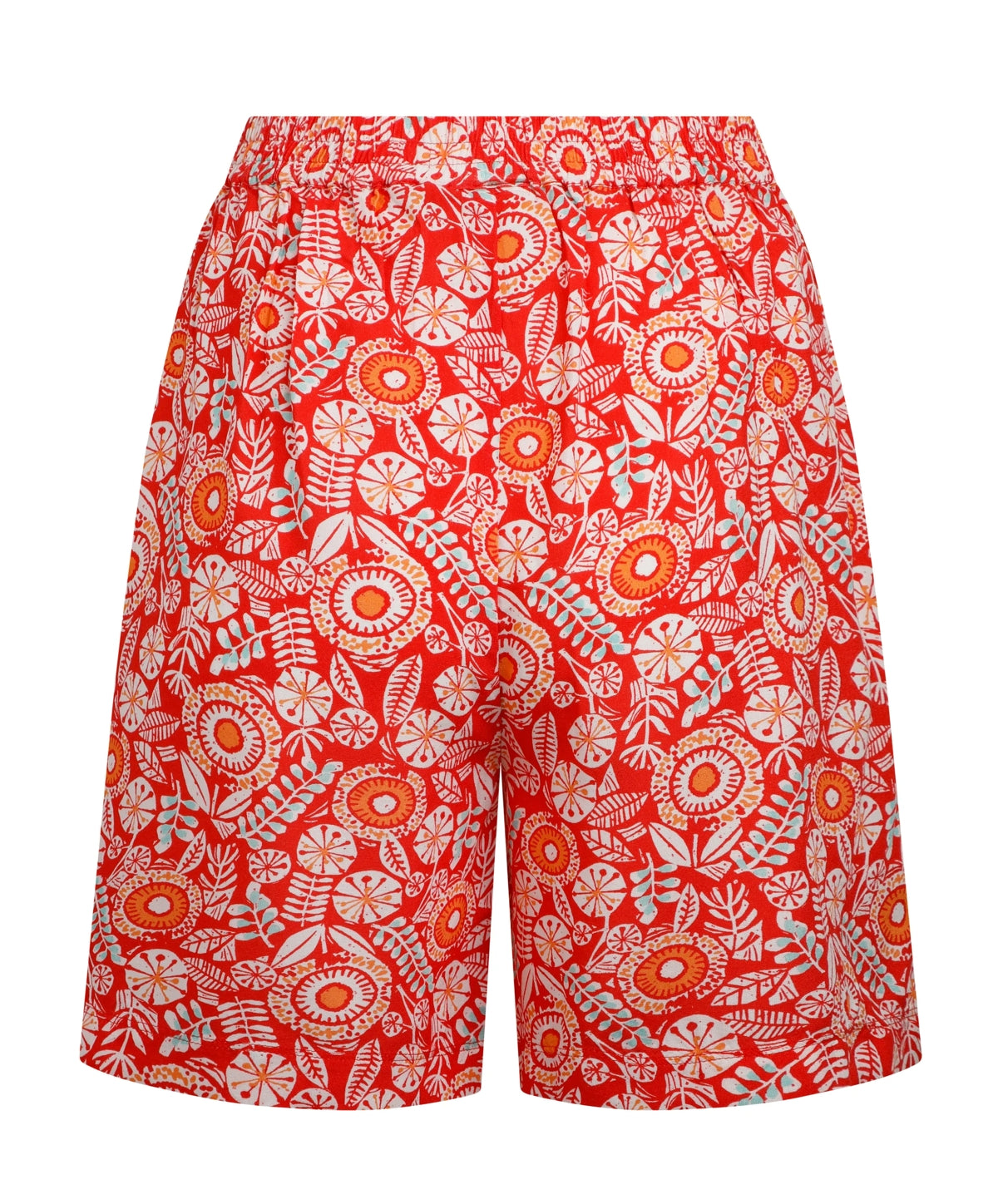 Weird Fish womens red floral shorts with vibrant flower print and elastic waistband