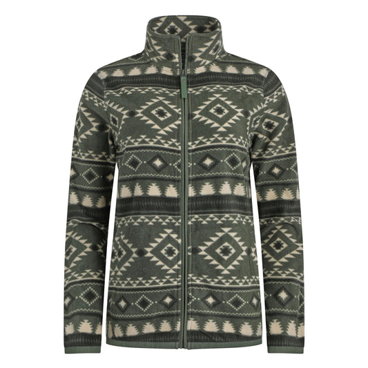 Front view of a women's Weird Fish full zip Rochelle fleece in Deep Lichen Green with an Aztec pattern.