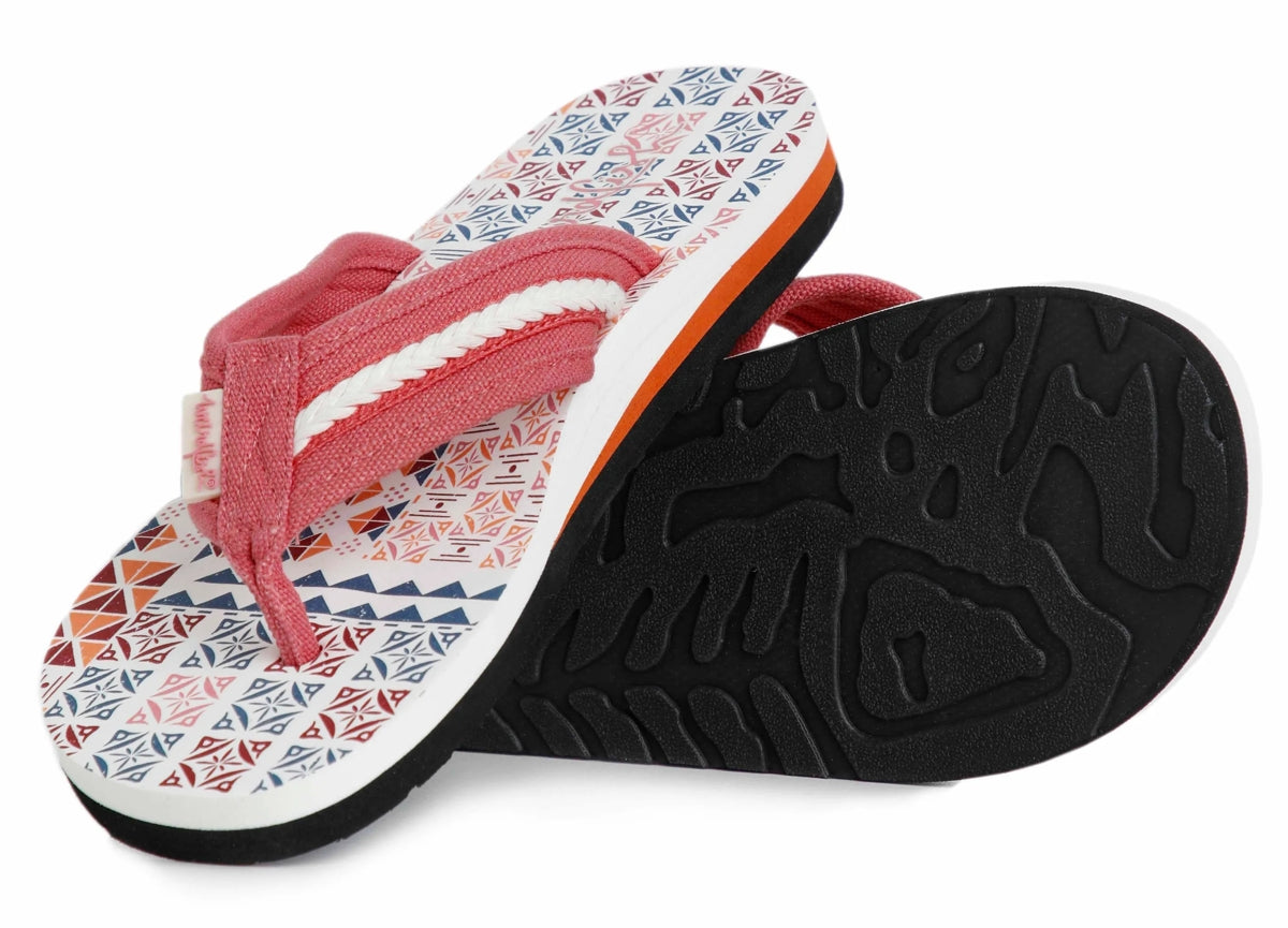 Weird Fish womens Salcombe flip flops with patterned footbeds and pink fabric straps
