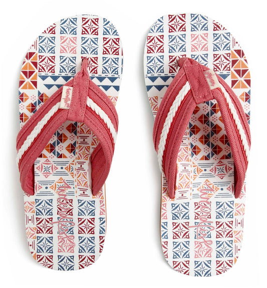 Weird Fish womens Salcombe flip flops with red and white straps and colorful geometric patterned soles