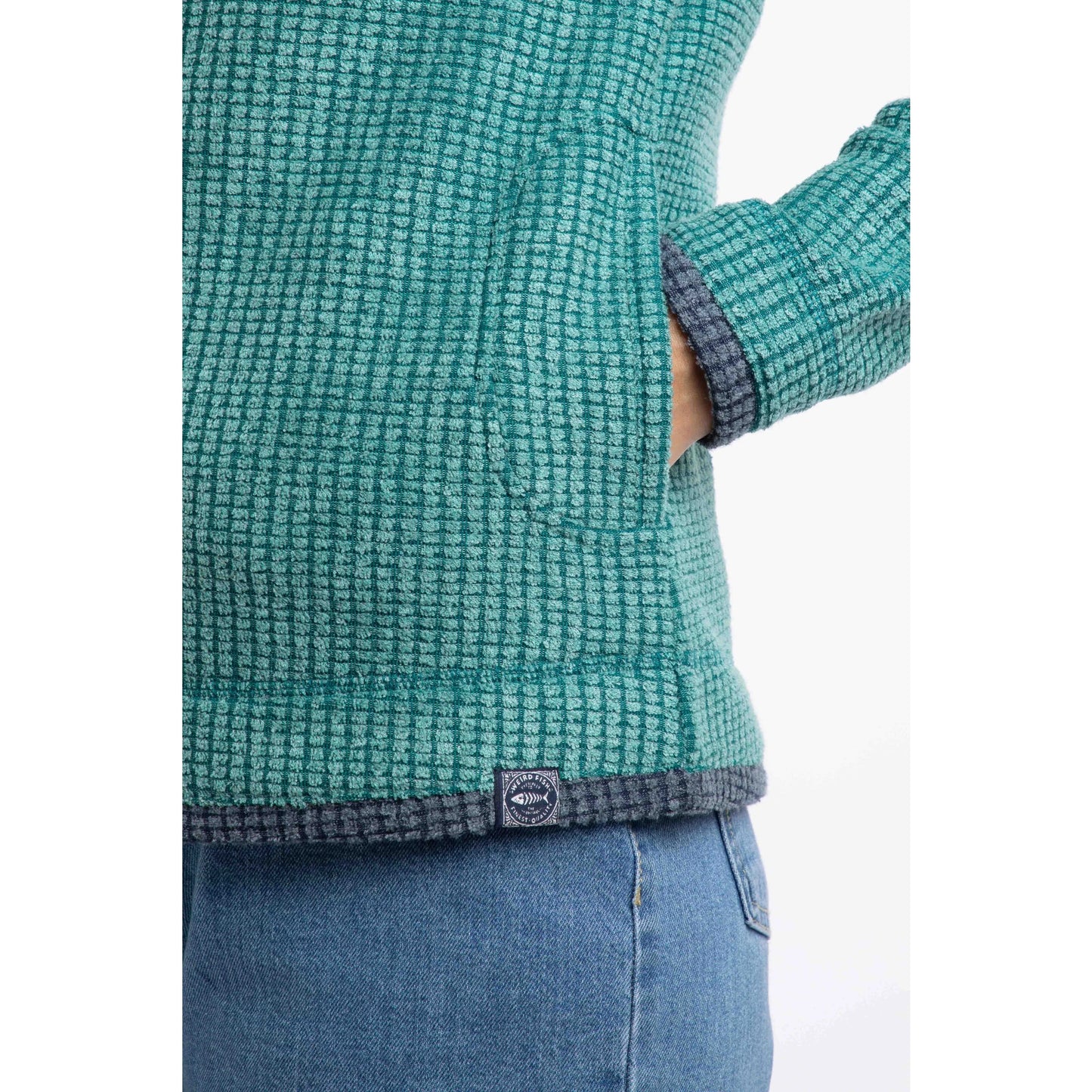 Weird Fish womens Ariana zip grid fleece green textured fabric with side pocket and contrast trim