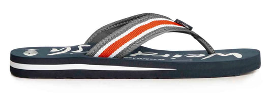 Men's navy, grey, white and orange Waterford flip flops from Weird Fish.