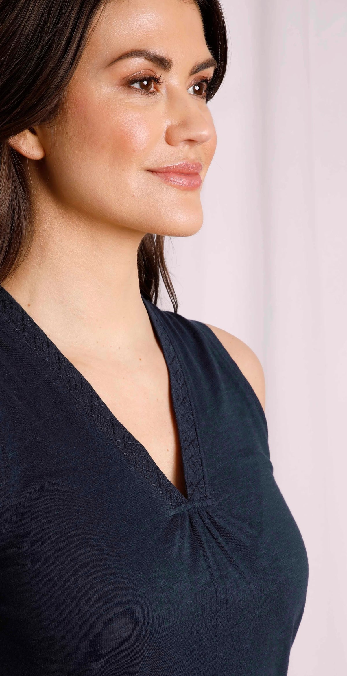 Women's Navy Arenas vest from Weird Fish with embroidered v-shape neckline.