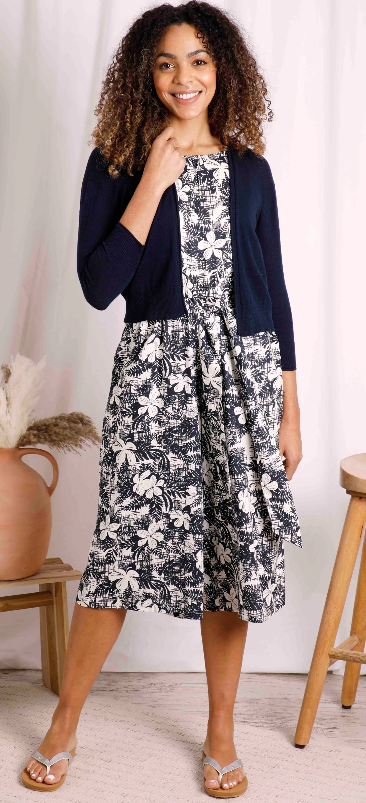 Weird Fish women's knitted cotton crop cardigan in Navy.