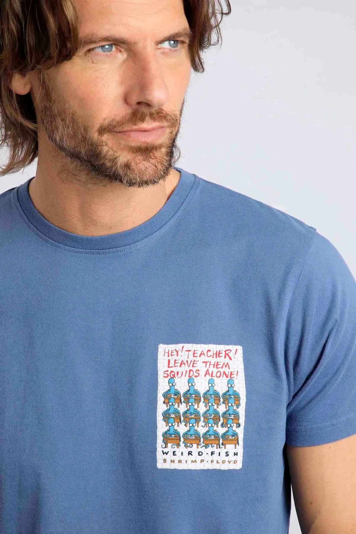 Weird Fish men's Hey Teacher Leave Them Squids Alone Shrimp Floyd printed Pink Floyd themed t-shirt in mid blue.