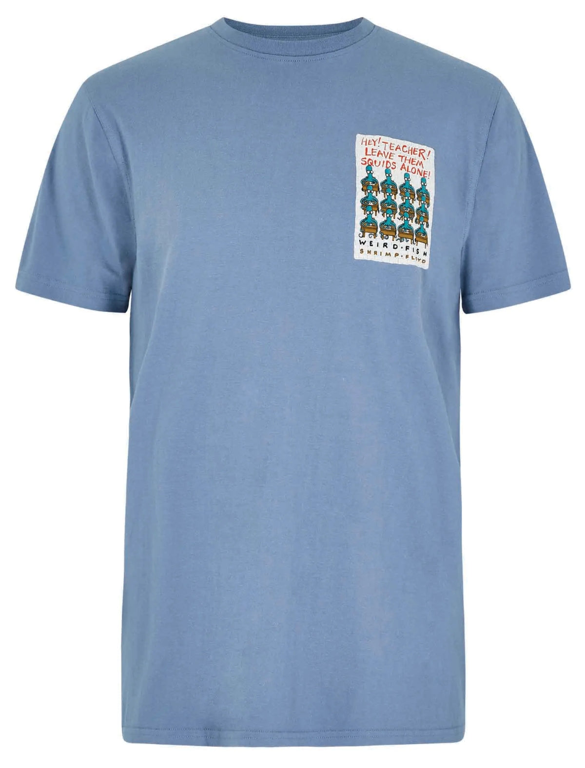 Weird Fish men's short sleeve Hey Teacher printed Pink Floyd themed tee in mid blue.