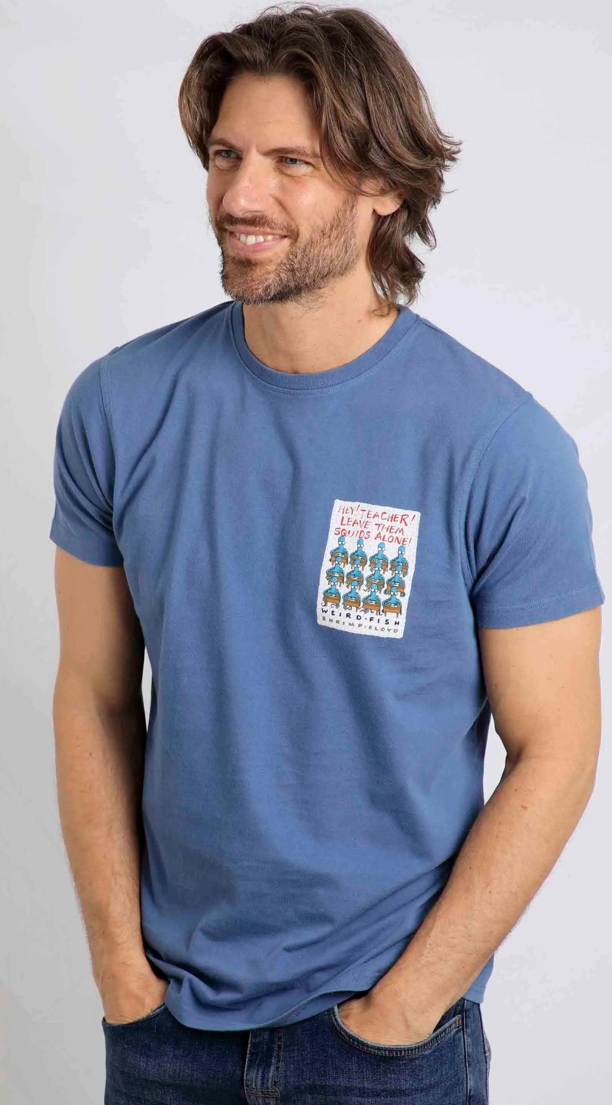 Weird Fish men's short sleeve Hey Teacher printed Pink Floyd themed t-shirt in mid blue.