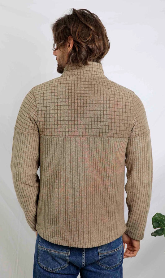 Weird Fish men's Longmont 1/4 zip stripe grid textured fleece in Bronze.