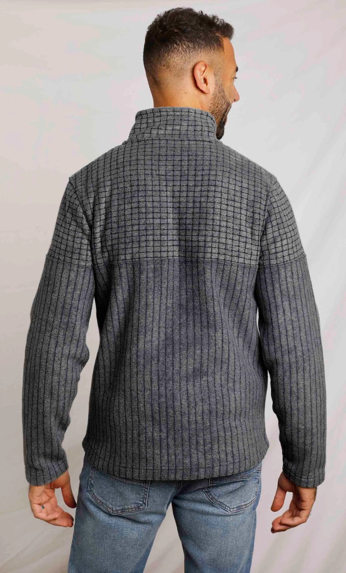 Weird Fish men's Longmont 1/4 zip stripe grid textured fleece in navy.