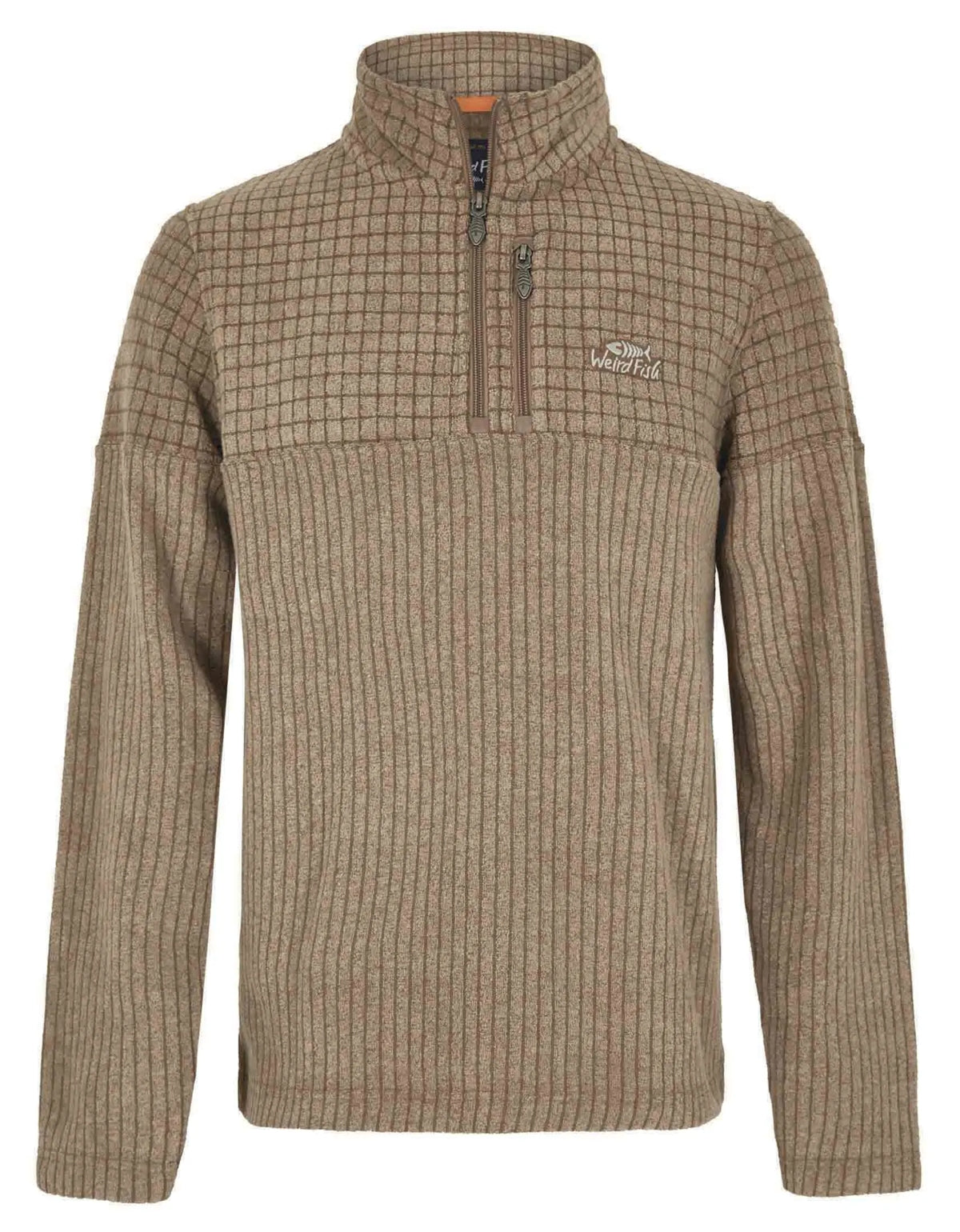Weird Fish men's grid and stripe textured Longmont 1/4 zip fleece in Bronze.