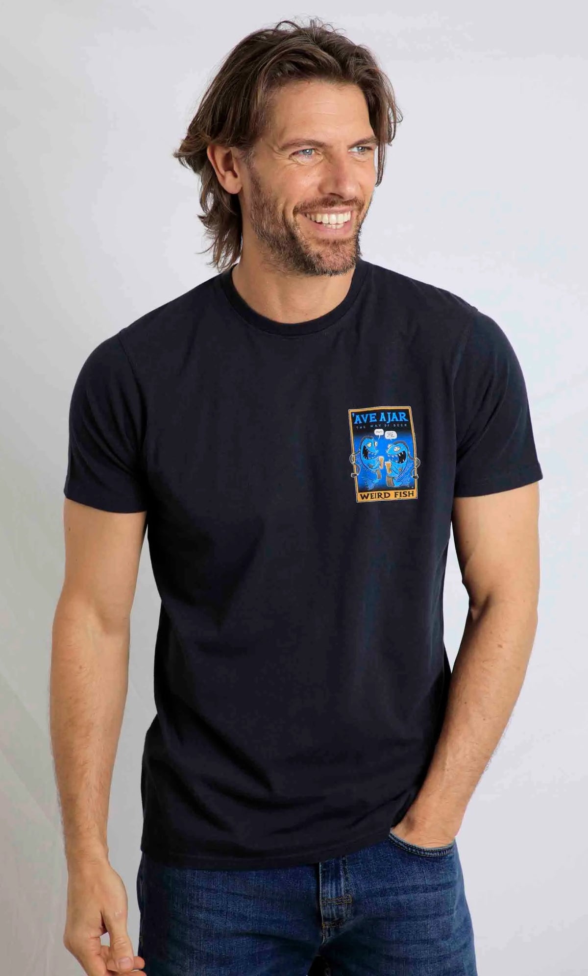 Weird Fish men's Ave a Jar: The Way of Beer t-shirt, printed Avatar themed t-shirt in navy.