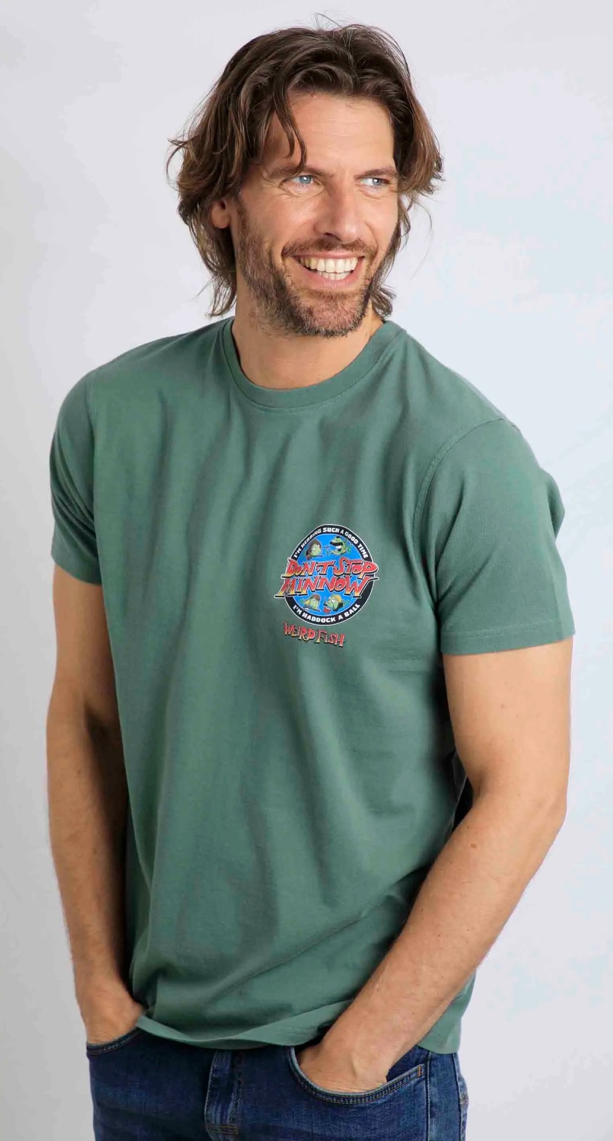 Dusky Green men's short sleeve tee from Weird Fish with the Stop Minnow Queen band themed print.