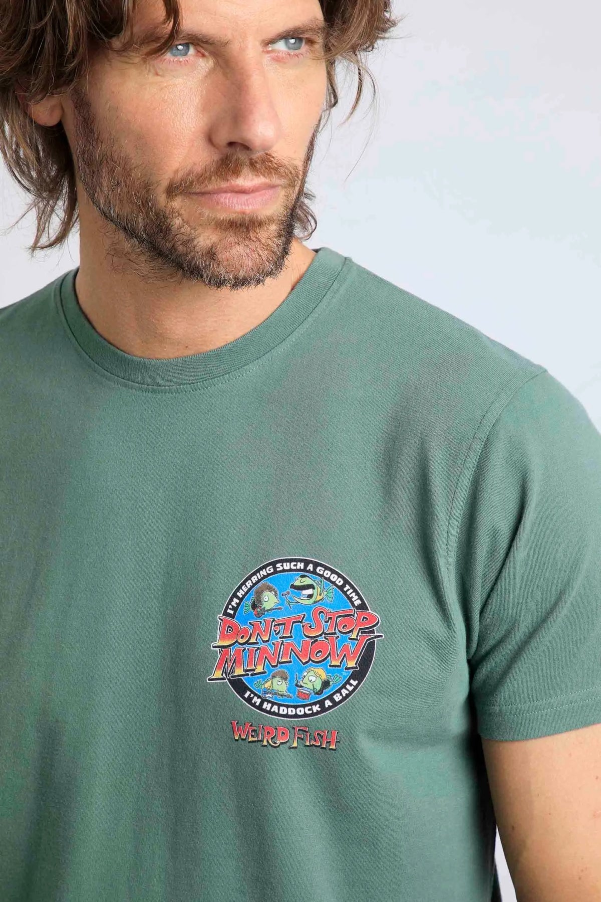 Weird FIsh men's Queen song themed Stop Minnow printed Dusky Green t-shirt.