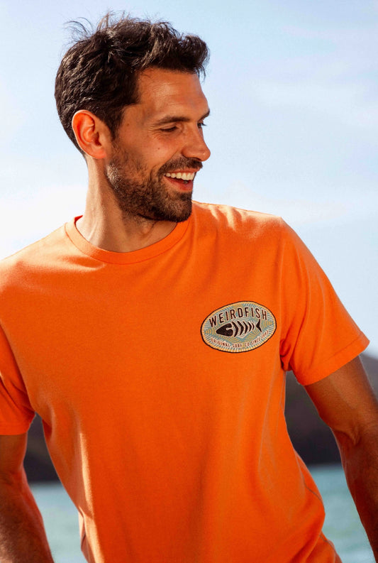 Weird Fish men's Original Surf print t-shirt in Mango Orange.