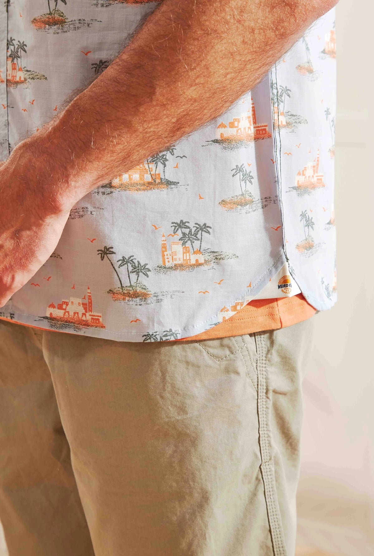 Weird Fish men's Powder Blue tropical island print shirt with side logo tape detail.