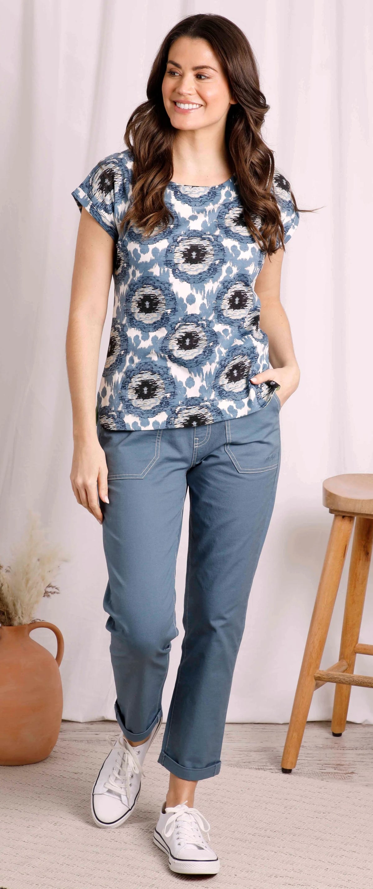 Paw Paw women's short sleeve tee in Pale Denim with a circular print from Weird Fish.