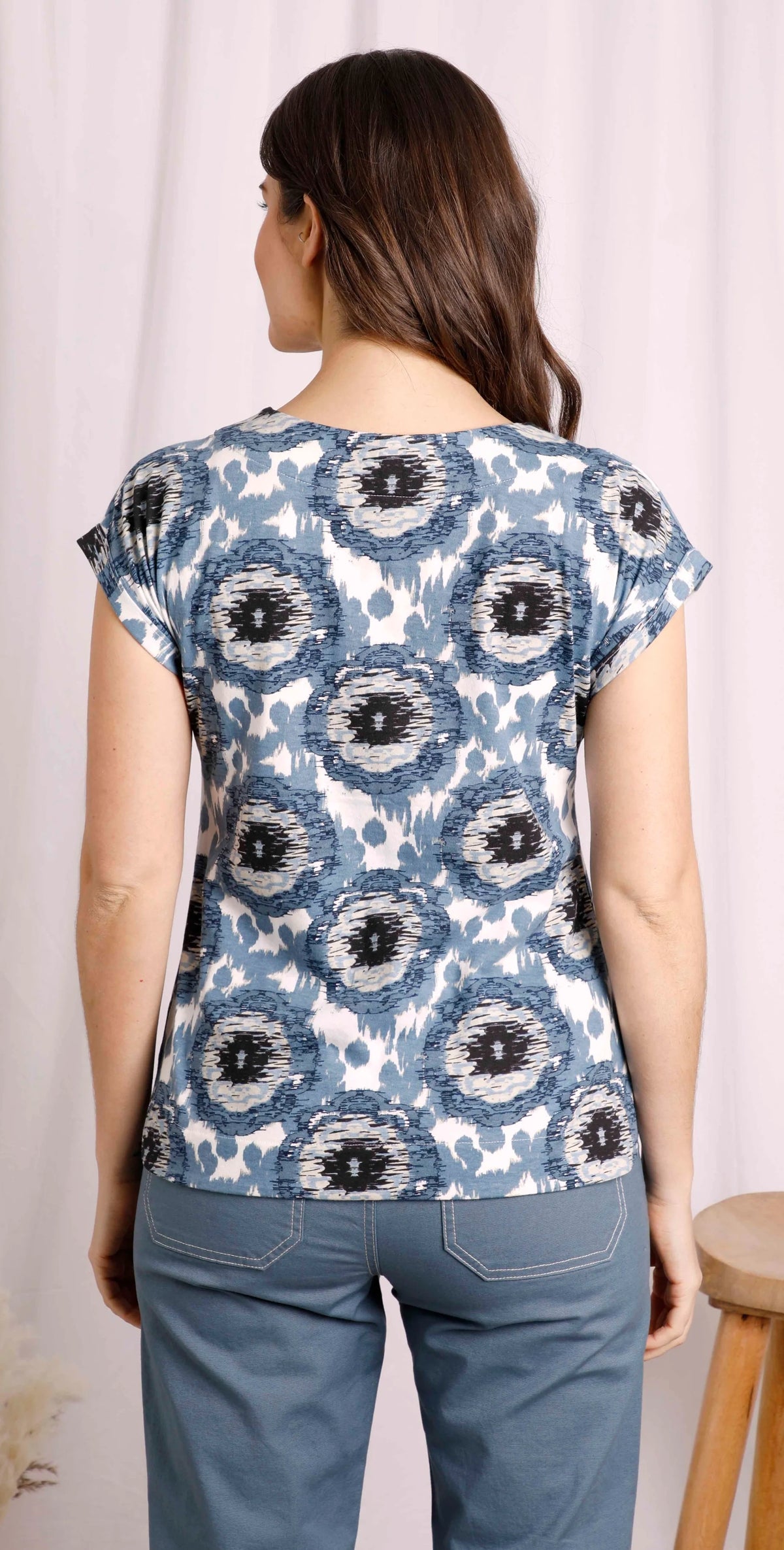 Women's Paw Paw short sleeve tee from Weird Fish in Pale Denim Blue with an abstract circular print.