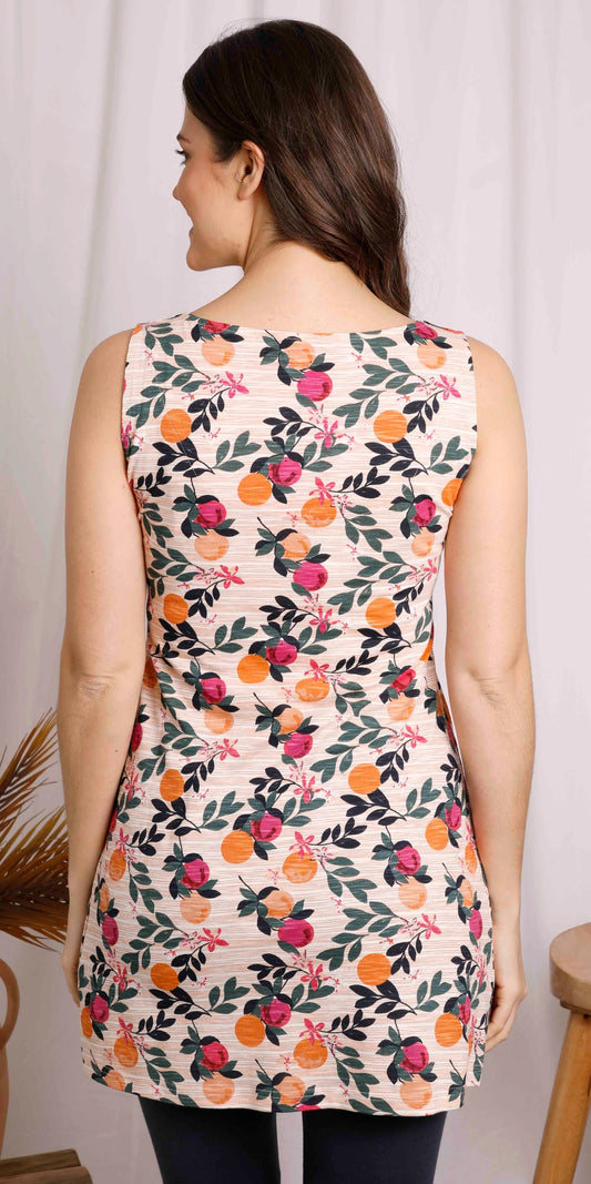 Women's Weird Fish Indus jersey tunic in a Cantaloupe fruit and leaf pattern.