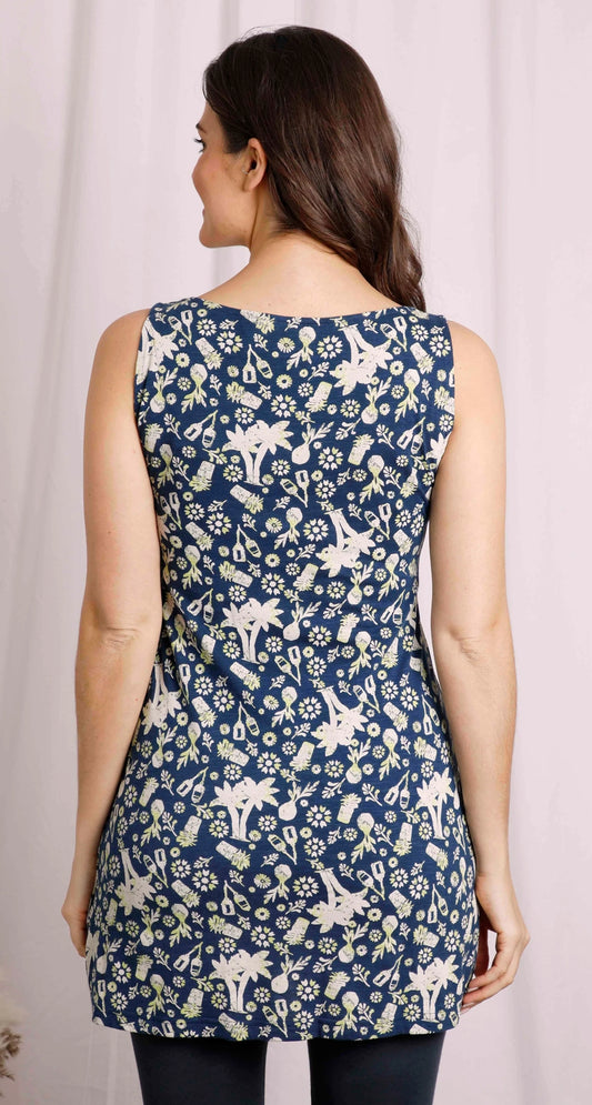 Women's Weird Fish Indus jersey tunic in Ensign Blue with a tropical pattern.