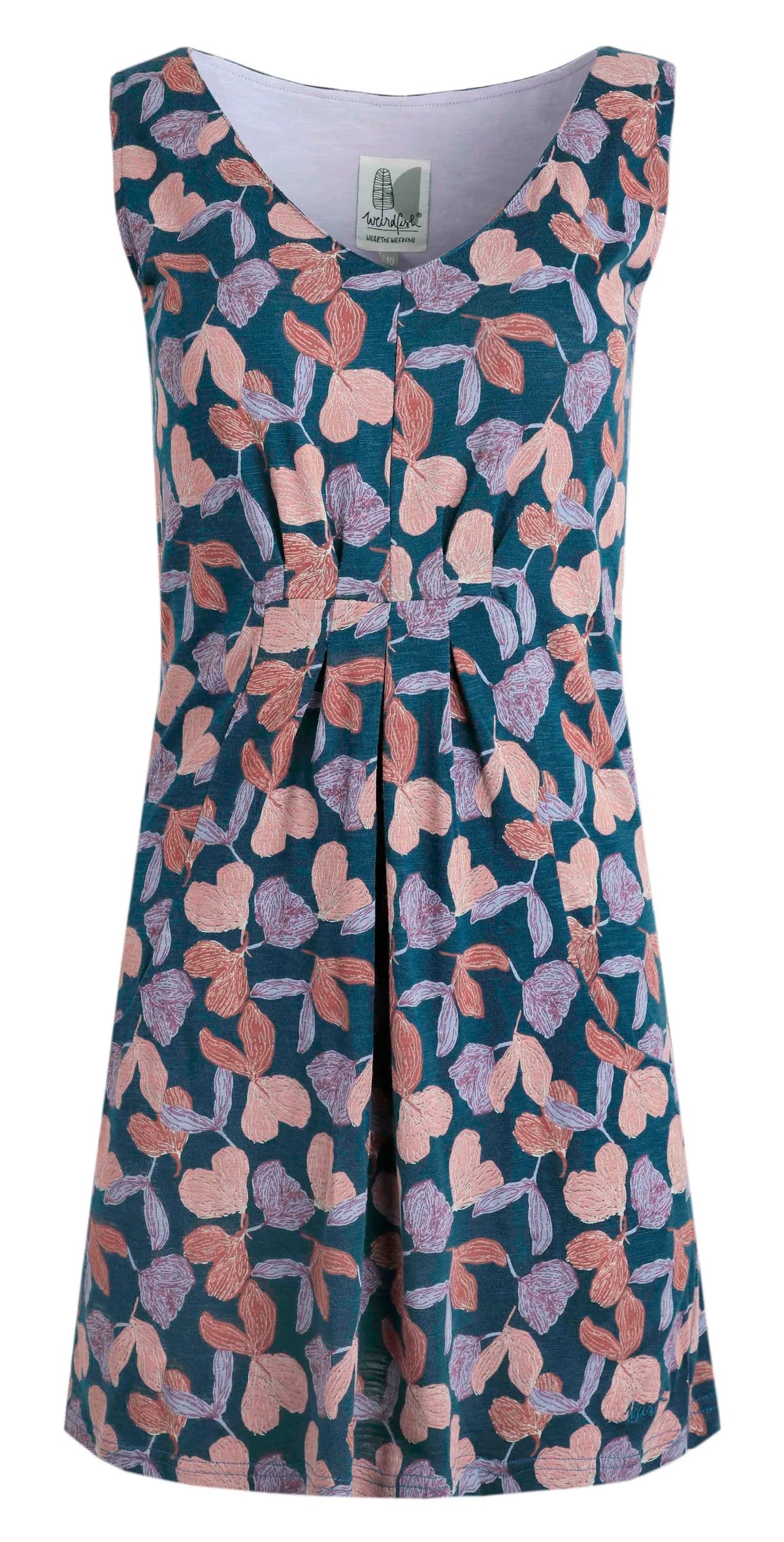 Women's v-neck sleeveless Indus tunic from Weird Fish in Deep Sea Blue with a floral print.