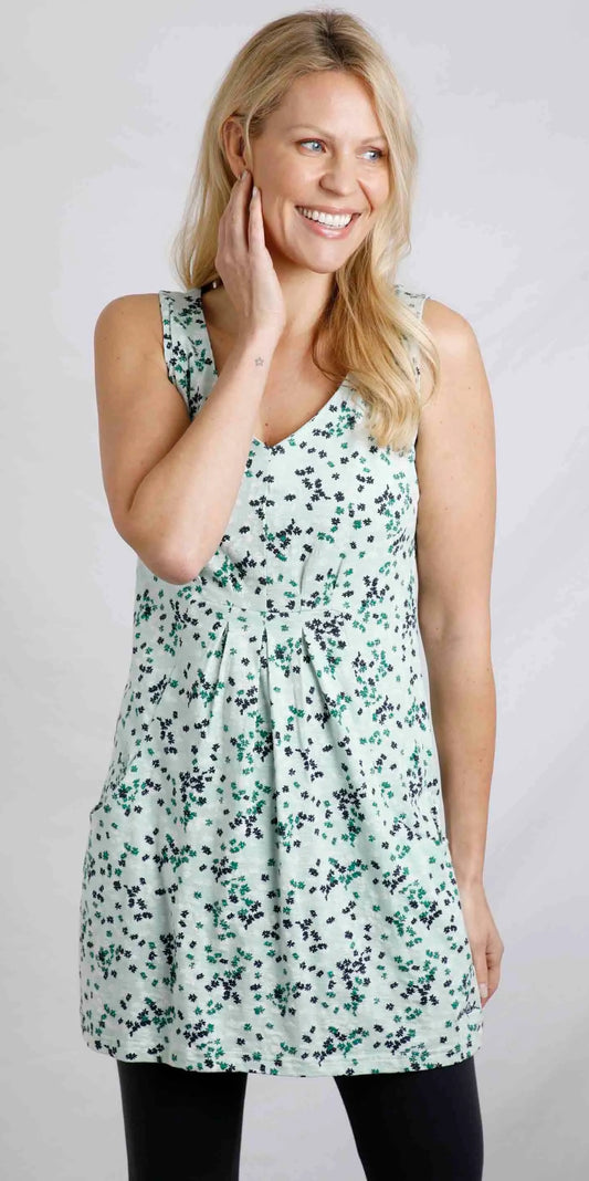 Weird Fish women's Indus sleeveless jersey tunic in Mint Green floral print.