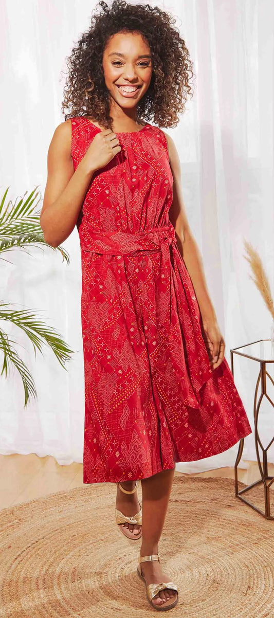 Women's Nalani viscose jumpsuit from Weird Fish in a Chilli Red with a Moroccan style pattern.