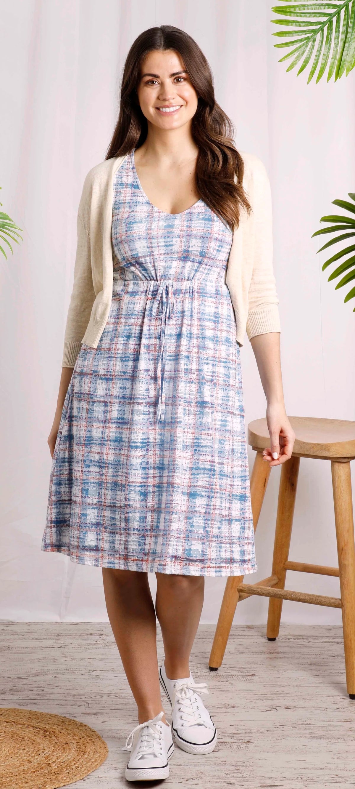 A sleeveless women's Teresia burnout dress from Weird Fish in a Pale Denim Blue check pattern.
