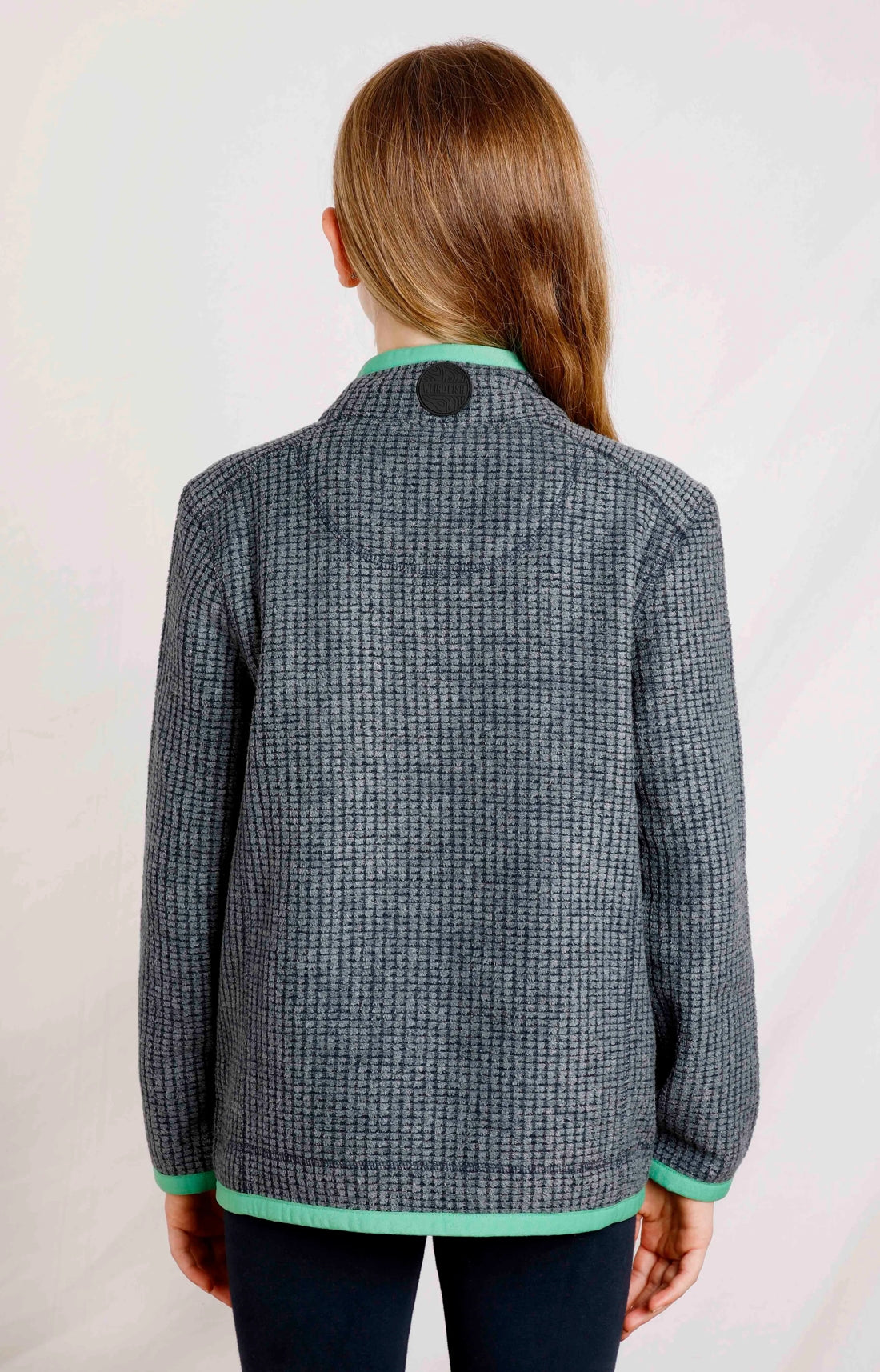 Weird Fish childrens Archie grid fleece in Navy with rubber logo collar patch.