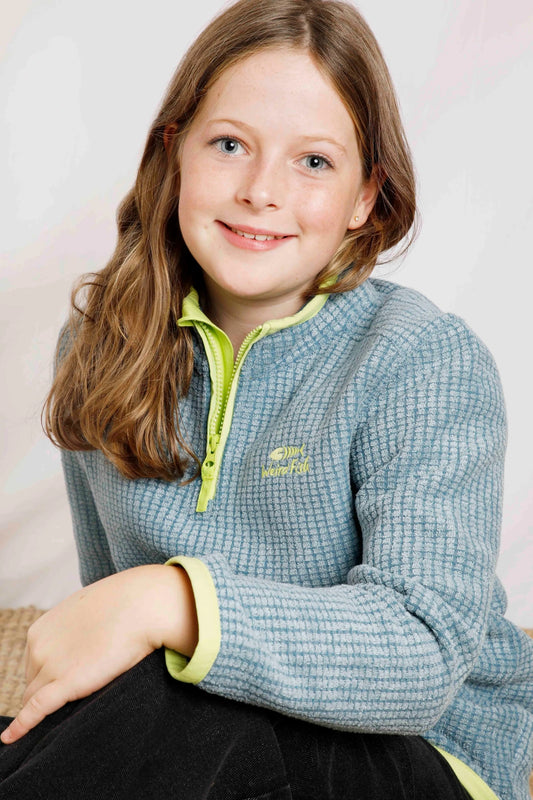 Kids Weird Fish Archie 1/4 zip grid fleece in Uniform Blue with contrasting lime green trim.