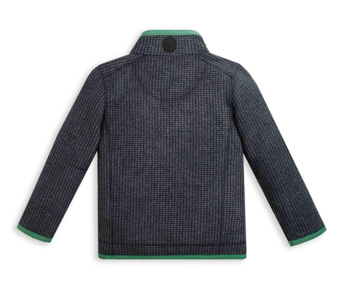 Kids Weird Fish Navy Archie 1/4 zip grid fleece in with green trim.