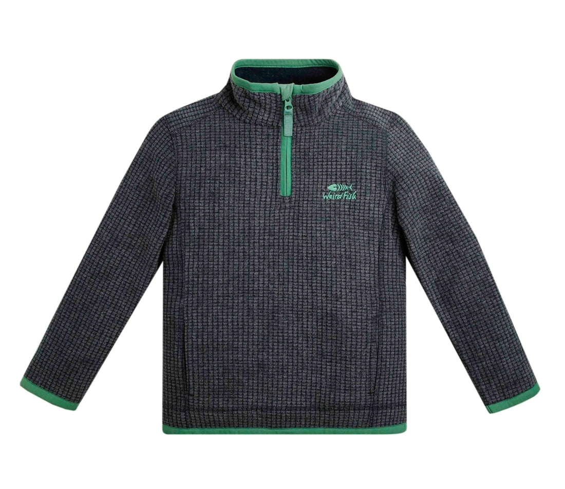 Weird Fish kids Navy Archie 1/4 zip grid fleece.