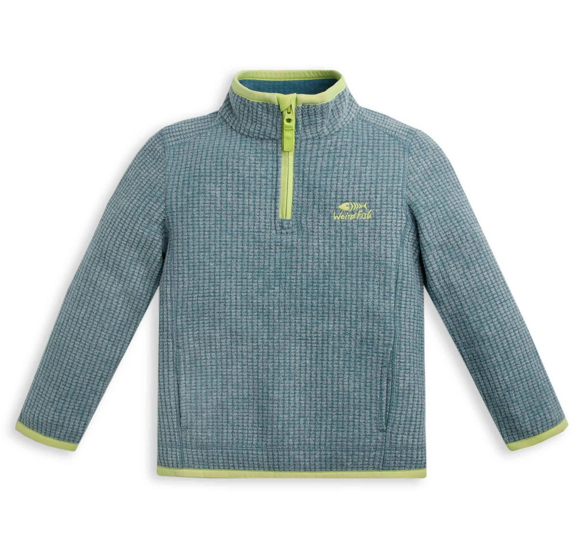 Weird Fish childrens Archie 1/4 zip grid fleece in Uniform Blue with lime green trim.