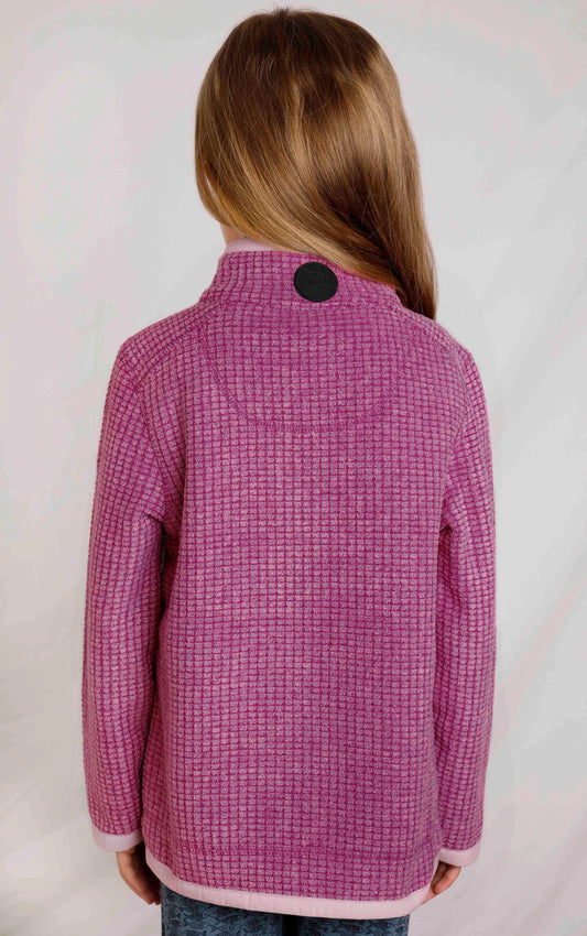 Raspberry Weird Fish kids Archie fleece with back of the neck logo patch.