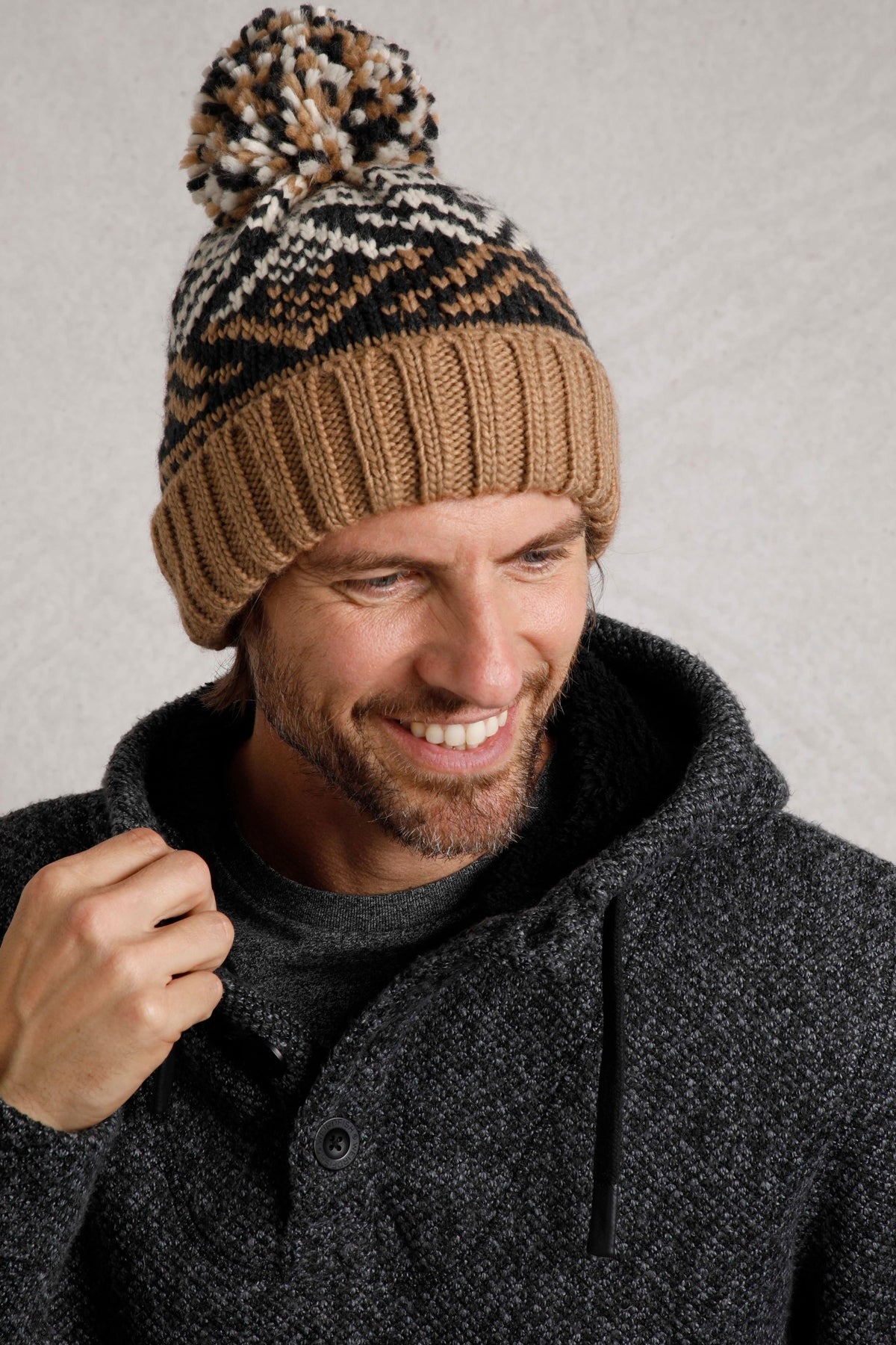 Weird Fish Scotsdale Eco Fairisle Knitted Bobble Hat - Tan