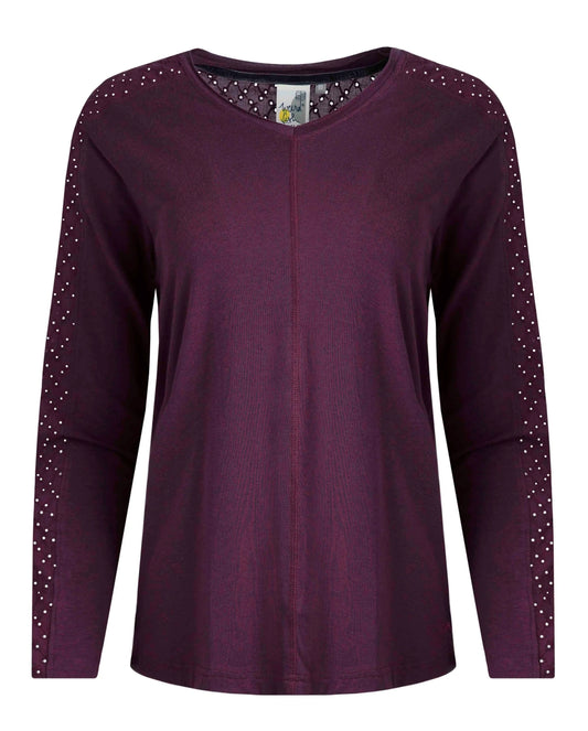 Weird Fish Womens Topia Broderie Sleeve Top - Mulled Wine