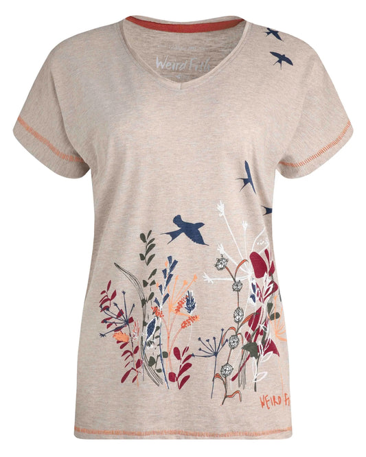 Weird Fish Womens Swirling Swallows Printed T-Shirt - Sand Dune