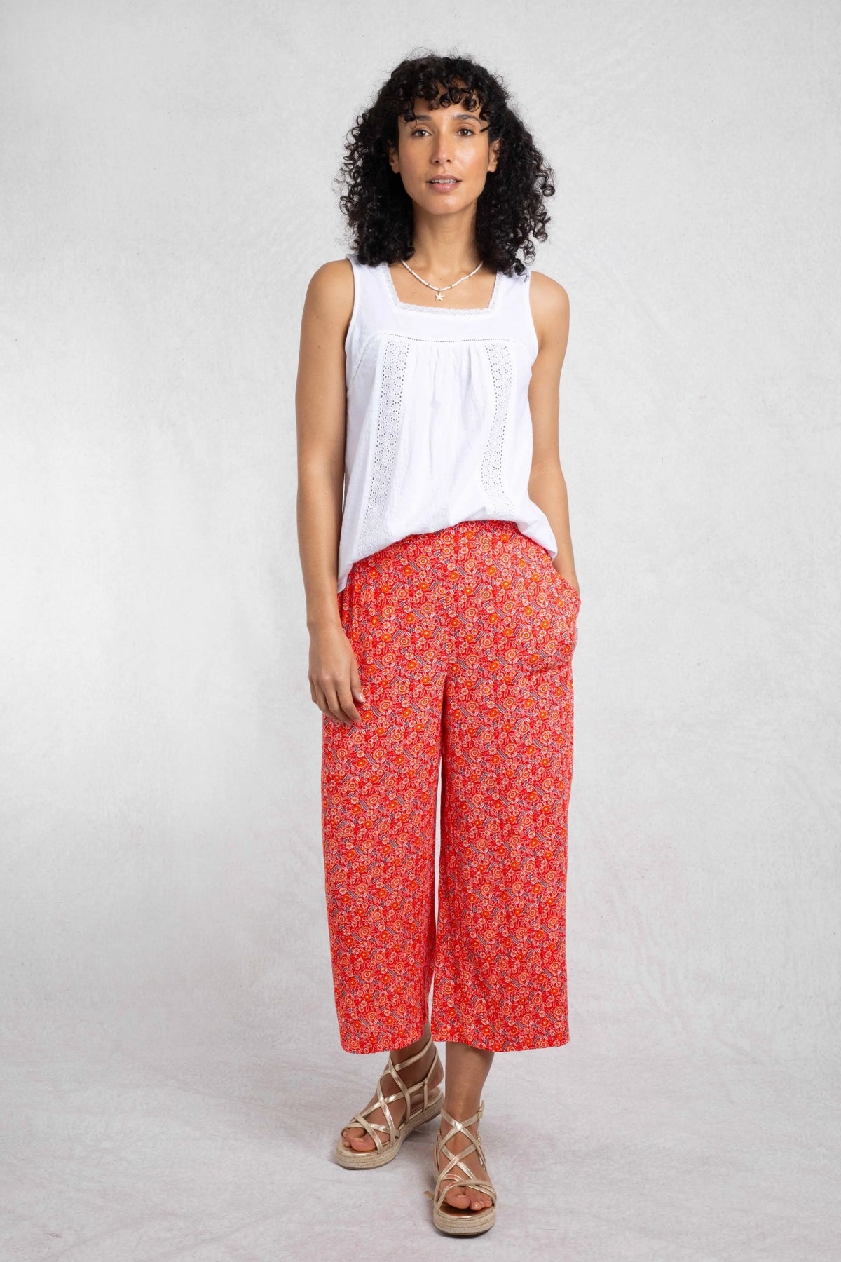 Weird Fish Womens Sarita Viscose Wide Leg Cropped Trouser - Tango Red