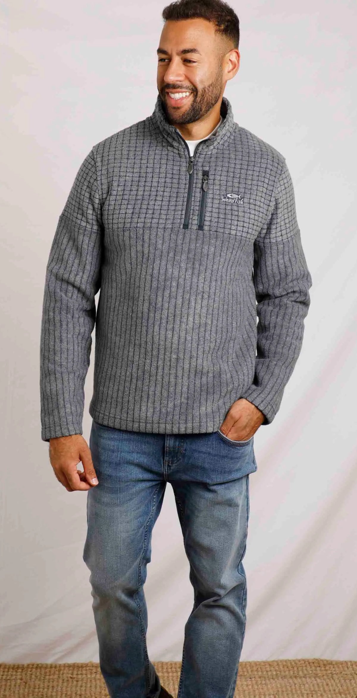 Men's Longmont Navy stripe grid fleece from Weird Fish.
