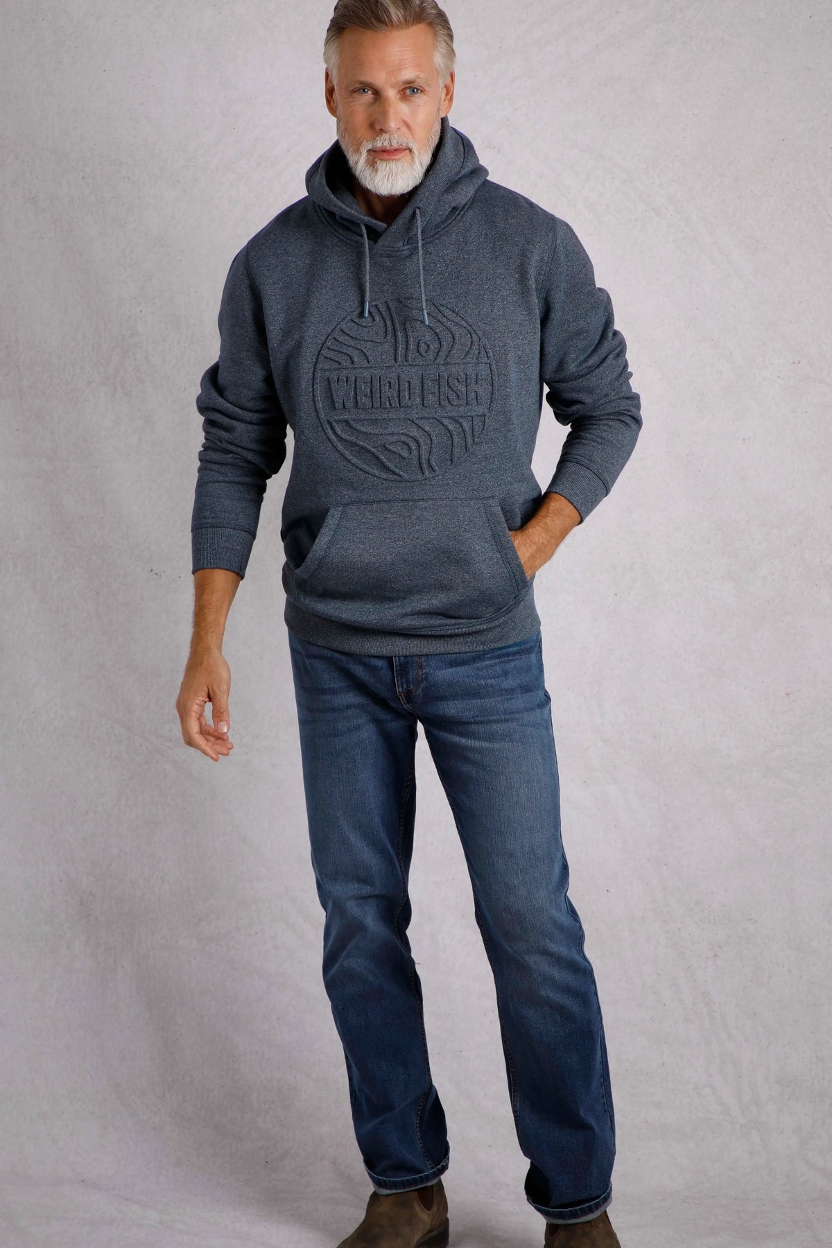 Weird Fish Mens Perranporth Embossed Grindle Hoodie - Navy