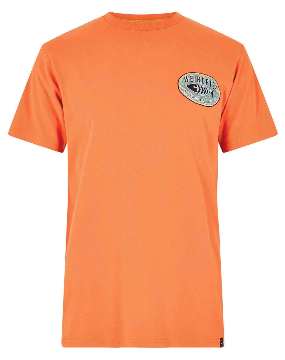 Mango orange crew neck Original surf print t-shirt for men from Weird Fish.