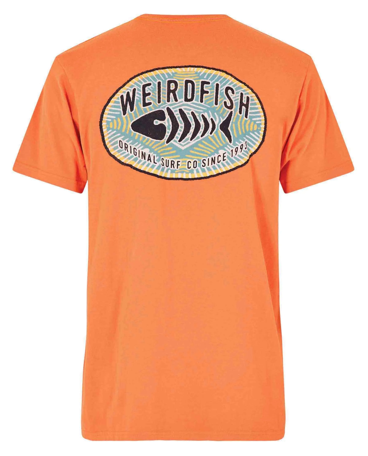 Original Surf print design men's tee from Weird Fish in Mango Orange.