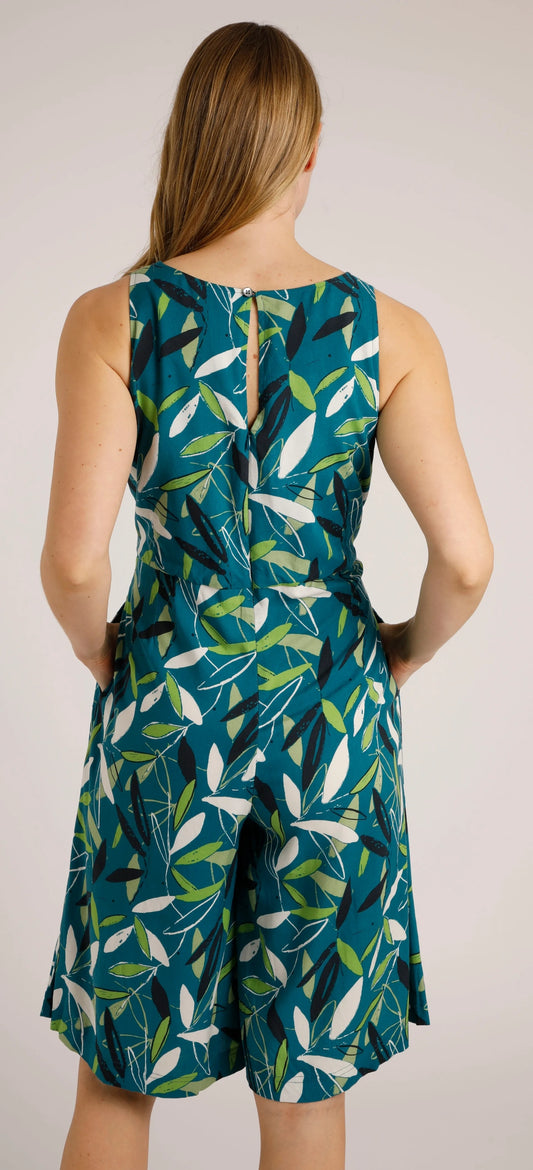 Weird Fish Womens Roxi Culotte Jumpsuit - Deep Sea Blue / Leaf Print