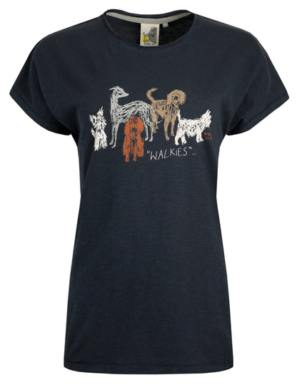 A women's short sleeve, crew neck Weird Fish Walkies tee, with a sketch style dog print on the chest, made from a 100% organic cotton slub fabric in navy.