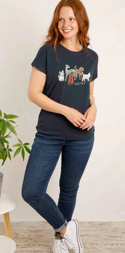 Women's shot sleeve, crew neck t-shirt from Weird Fish, featuring their sketch style 'Walkies' dog print on the chest, in a soft 100% organic cotton slub fabric in navy.