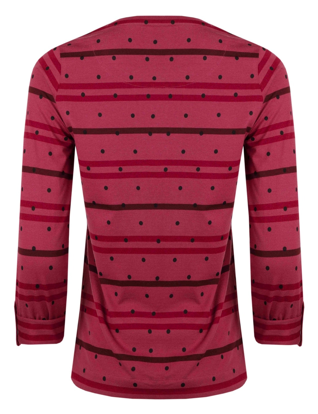 A women's long sleeve Billie t-shirt from Weird Fish in Crushed Berry with a stripe and dotty pattern, made from an organic cotton fabric with a crew neckline and roll up sleeves.