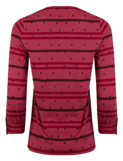 A women's long sleeve Billie t-shirt from Weird Fish in Crushed Berry with a stripe and dotty pattern, made from an organic cotton fabric with a crew neckline and roll up sleeves.