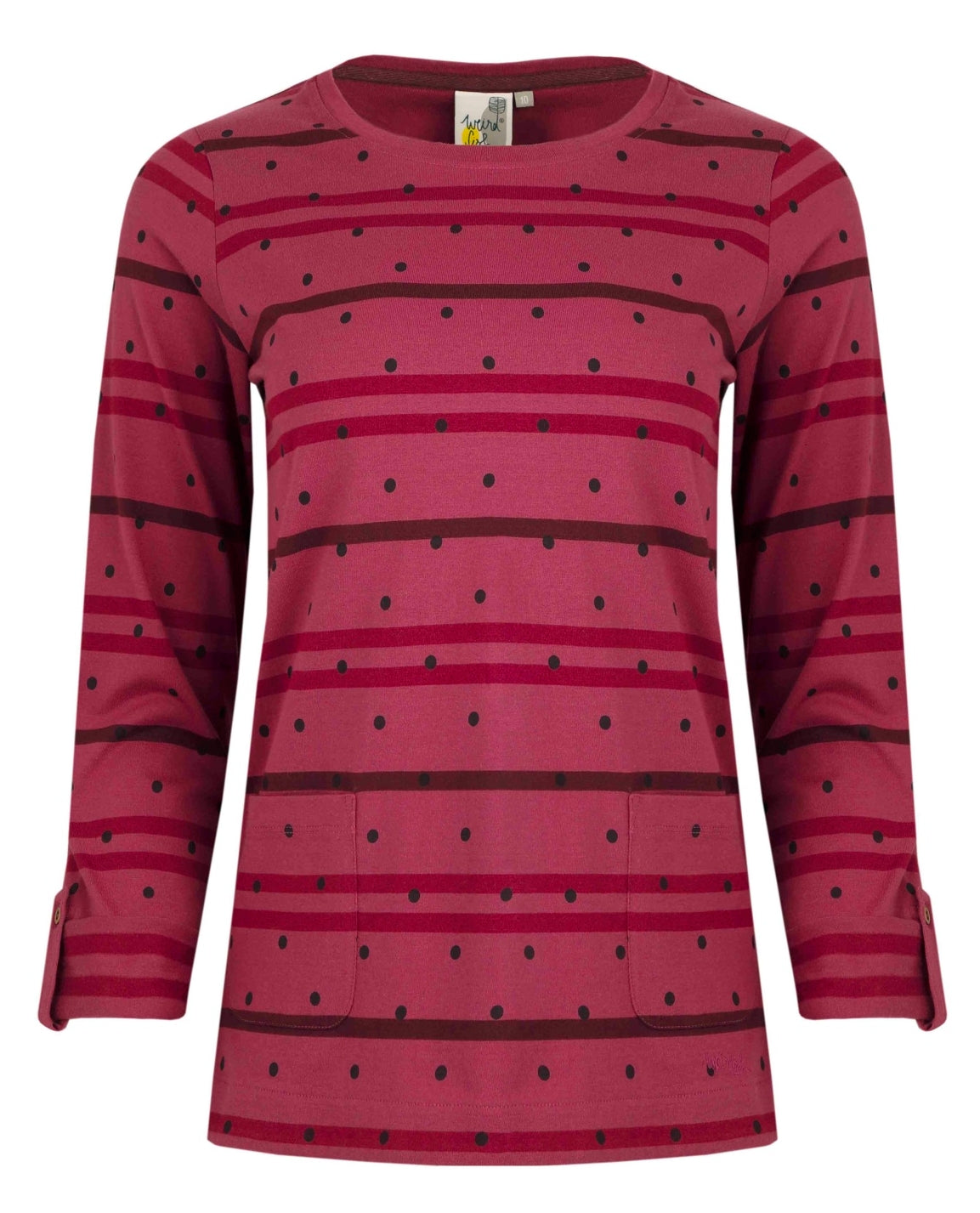 A long sleeve women's Billie t-shirt from Weird Fish in Crushed Berry with a stripe and dotty pattern, with a crew neckline and roll up sleeves.