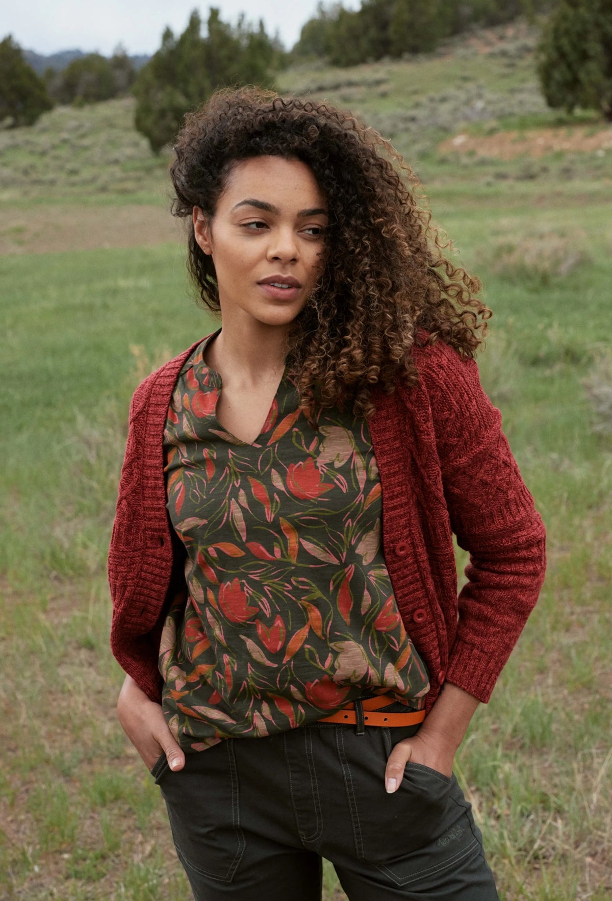 Weird Fish Womens Brooke Slub Printed Jersey Top - Dark Olive